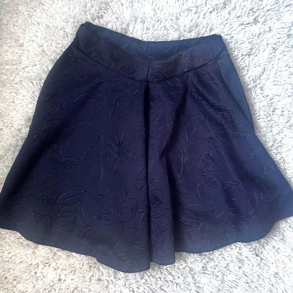 Navy Embossed Floral Skater Mini Skirt | Stretchy Fit & Flare Skirt